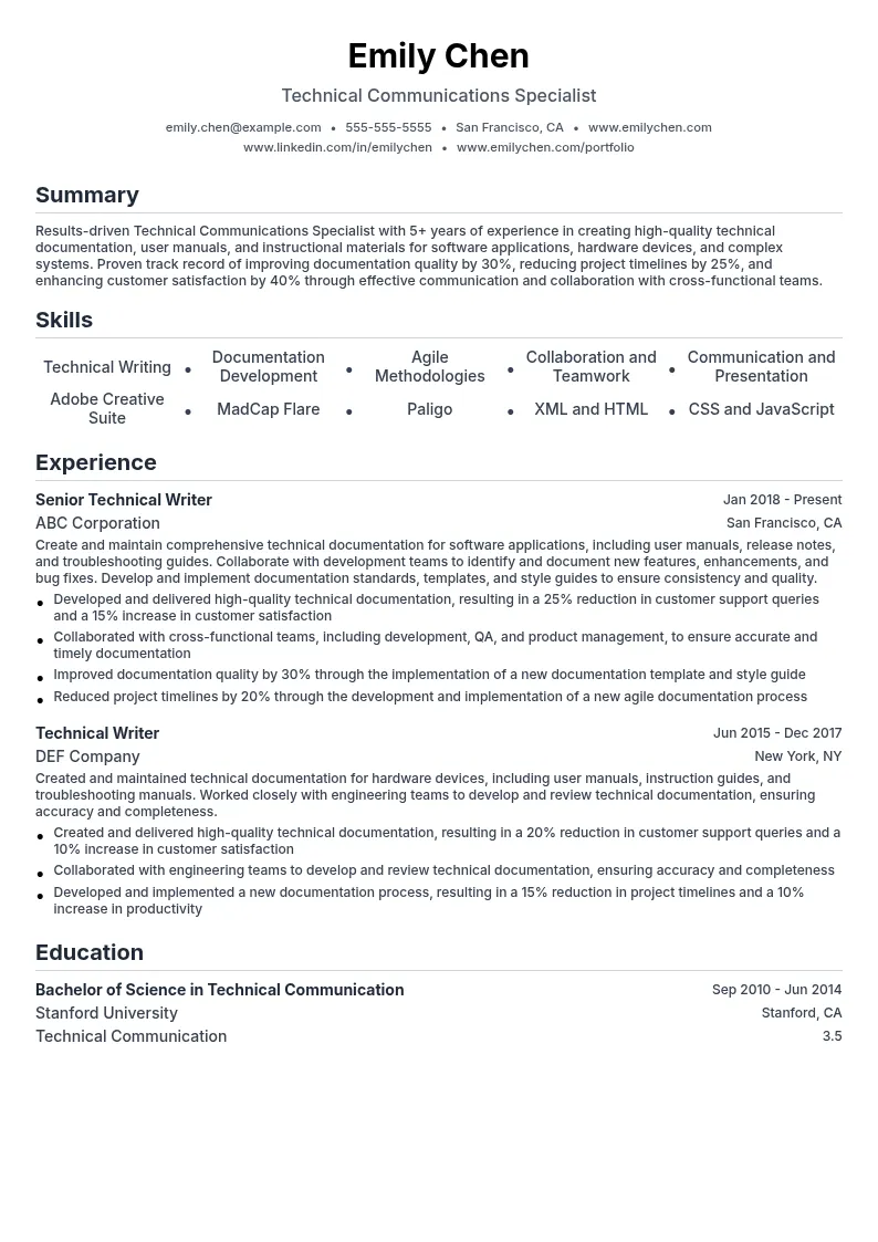 Technical Communications Specialist resume example