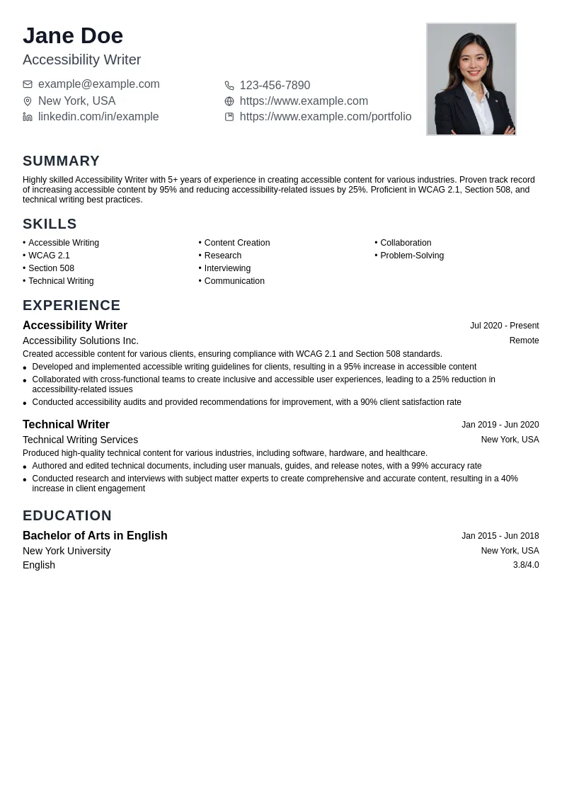 Accessibility Writer resume example