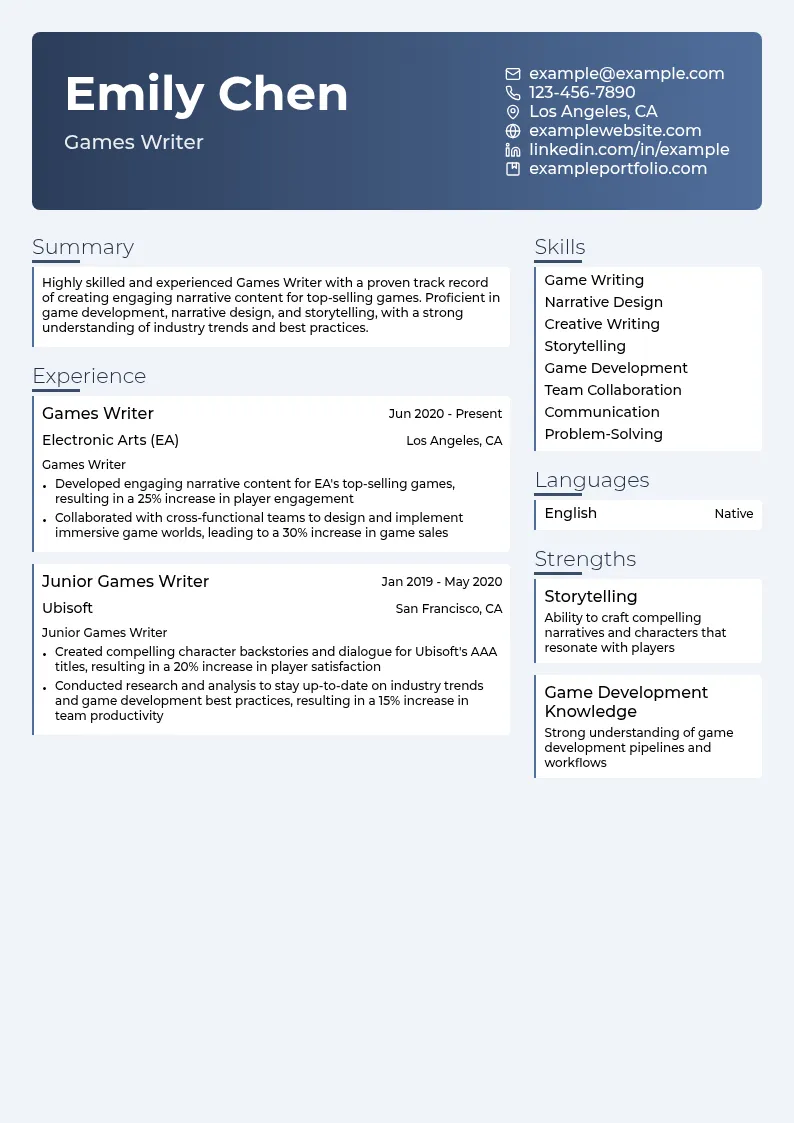 Games Writer resume example