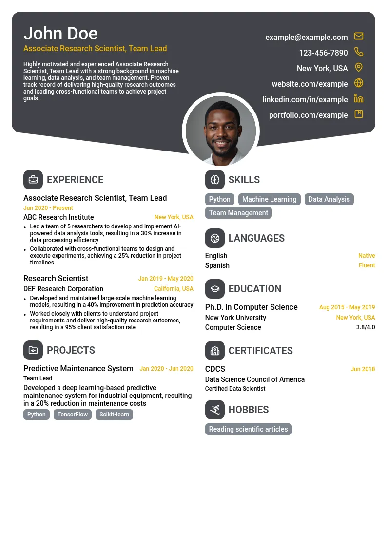 Associate Research Scientist, Team Lead resume example