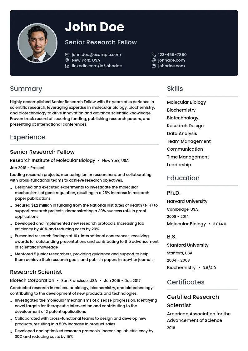 Senior Research Fellow resume example
