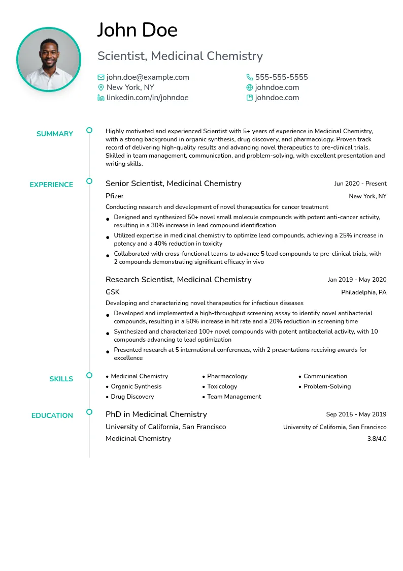 Scientist, Medicinal Chemistry resume example