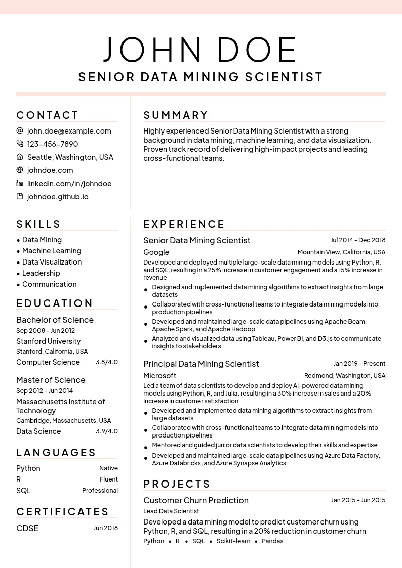 Senior Data Mining Scientist resume example