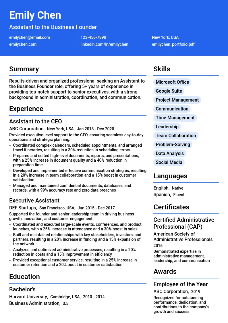 Assistant to the Business Founder resume example