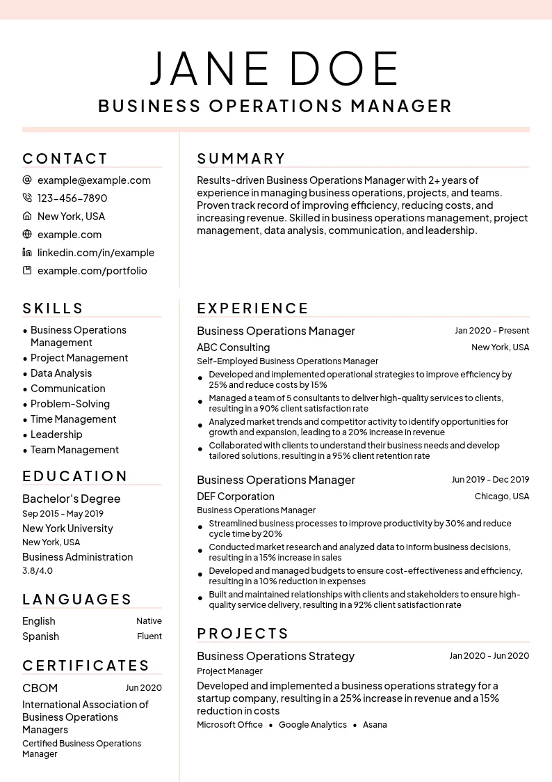 Business Operations Manager resume example