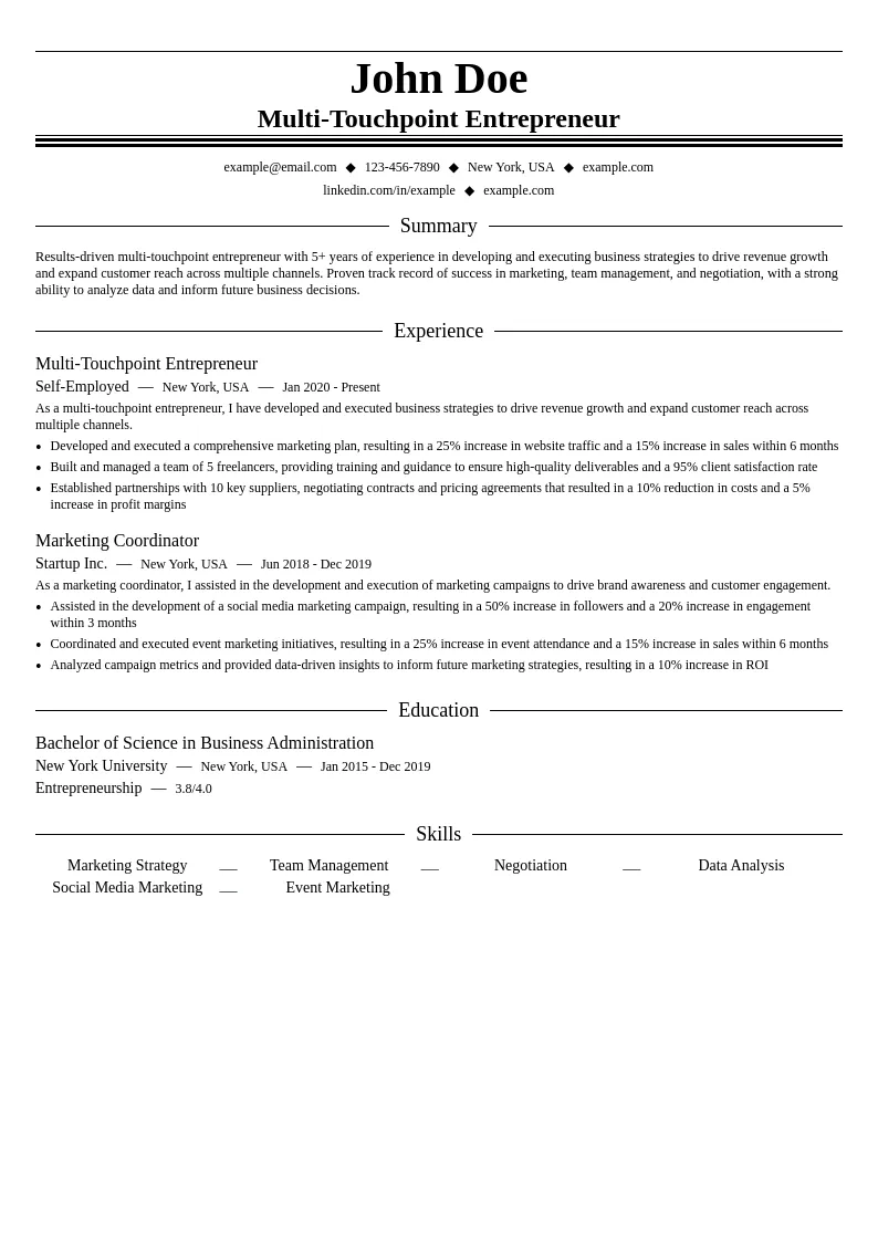 Multi-Touchpoint Entrepreneur resume example