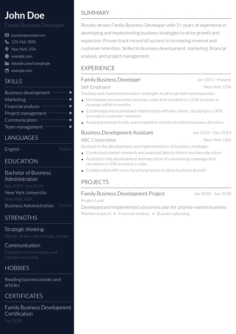 Family Business Developer resume example