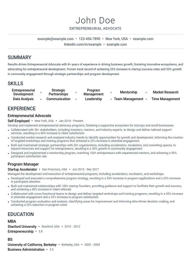 Entrepreneurial Advocate resume example