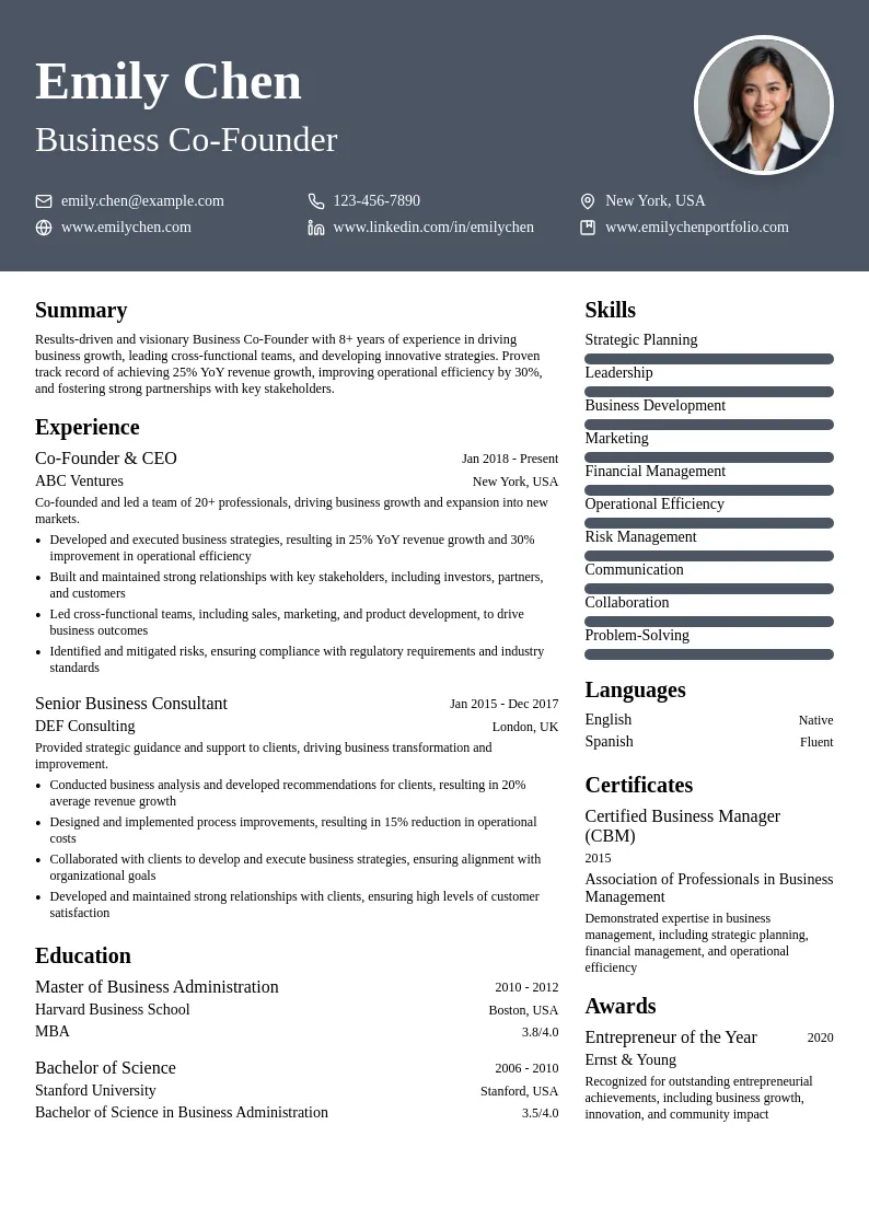 Business Co-Founder resume example