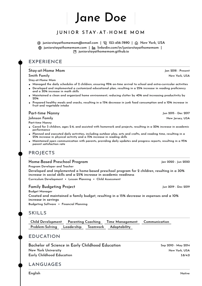 Junior Stay-at-Home Mom resume example
