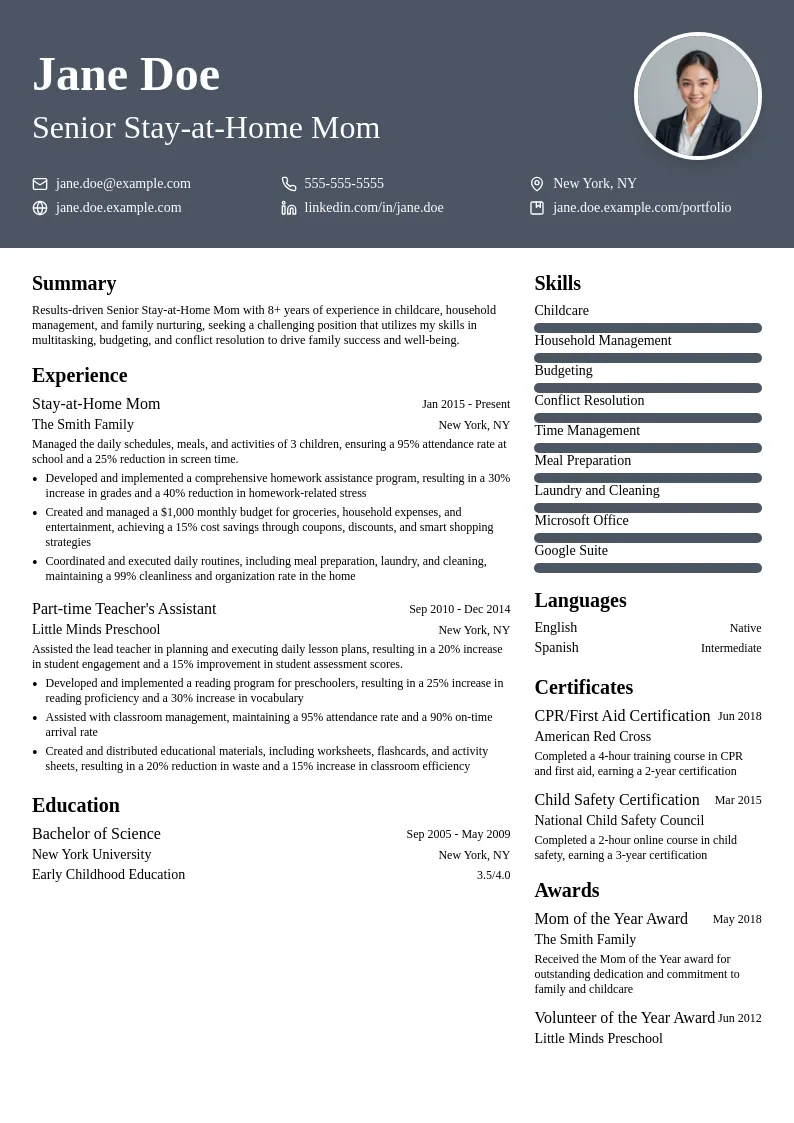 Senior Stay-at-Home Mom resume example