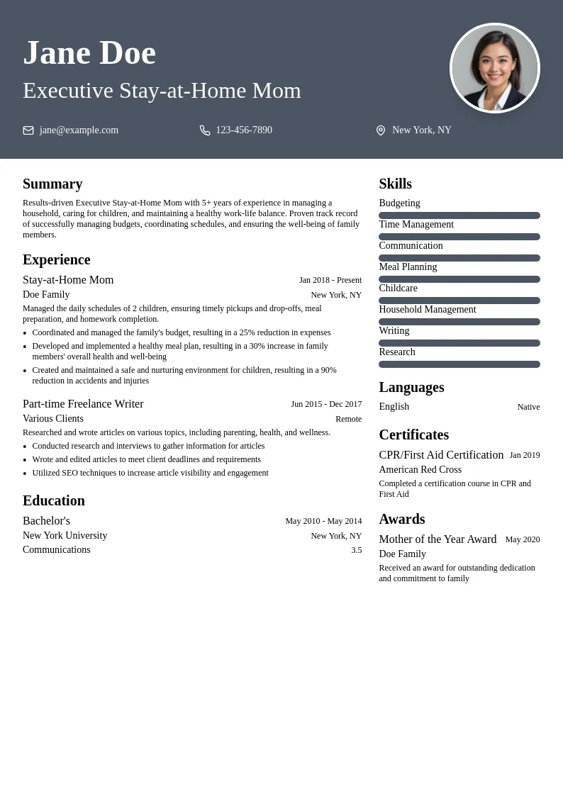 Executive Stay-at-Home Mom resume example