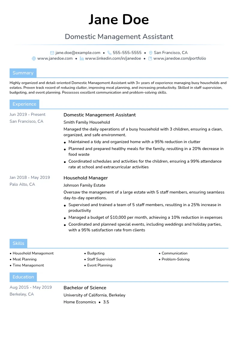 Domestic Management Assistant resume example