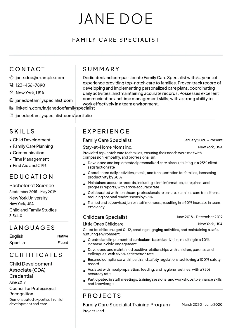 Family Care Specialist resume example
