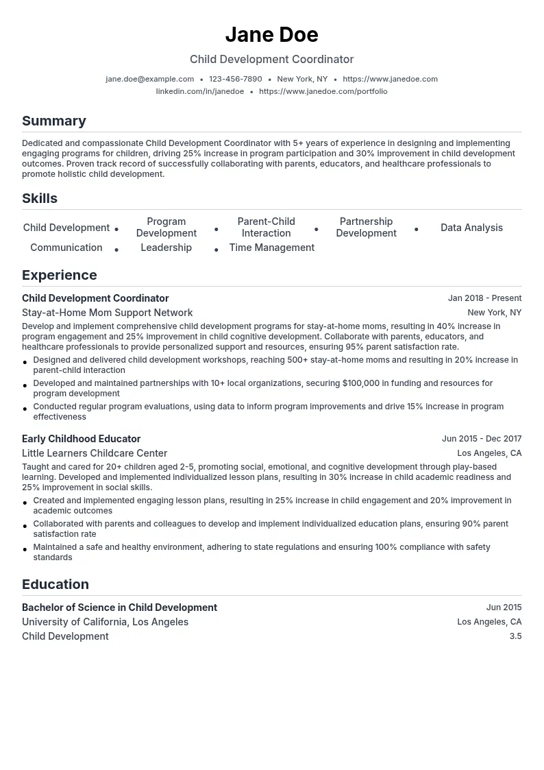 Child Development Coordinator resume example