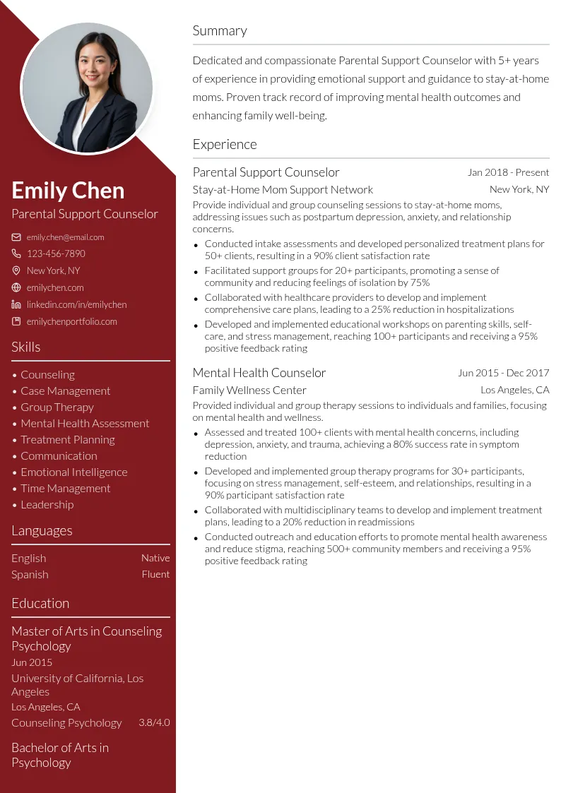 Parental Support Counselor resume example