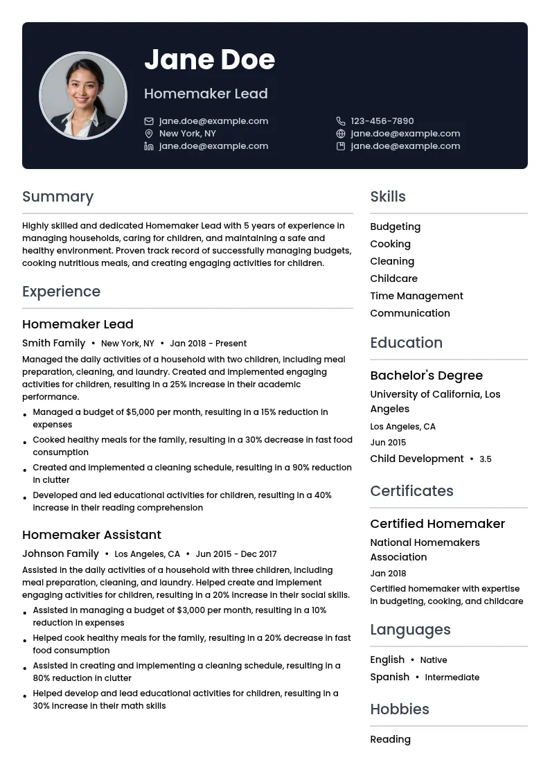Homemaker Lead resume example