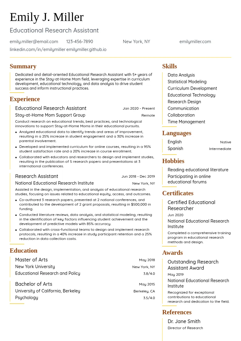 Educational Research Assistant resume example