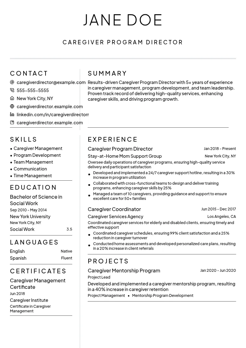 Caregiver Program Director resume example