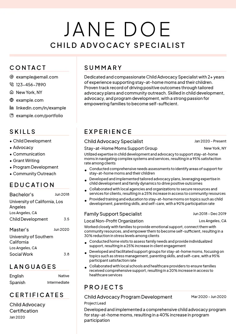 Child Advocacy Specialist resume example
