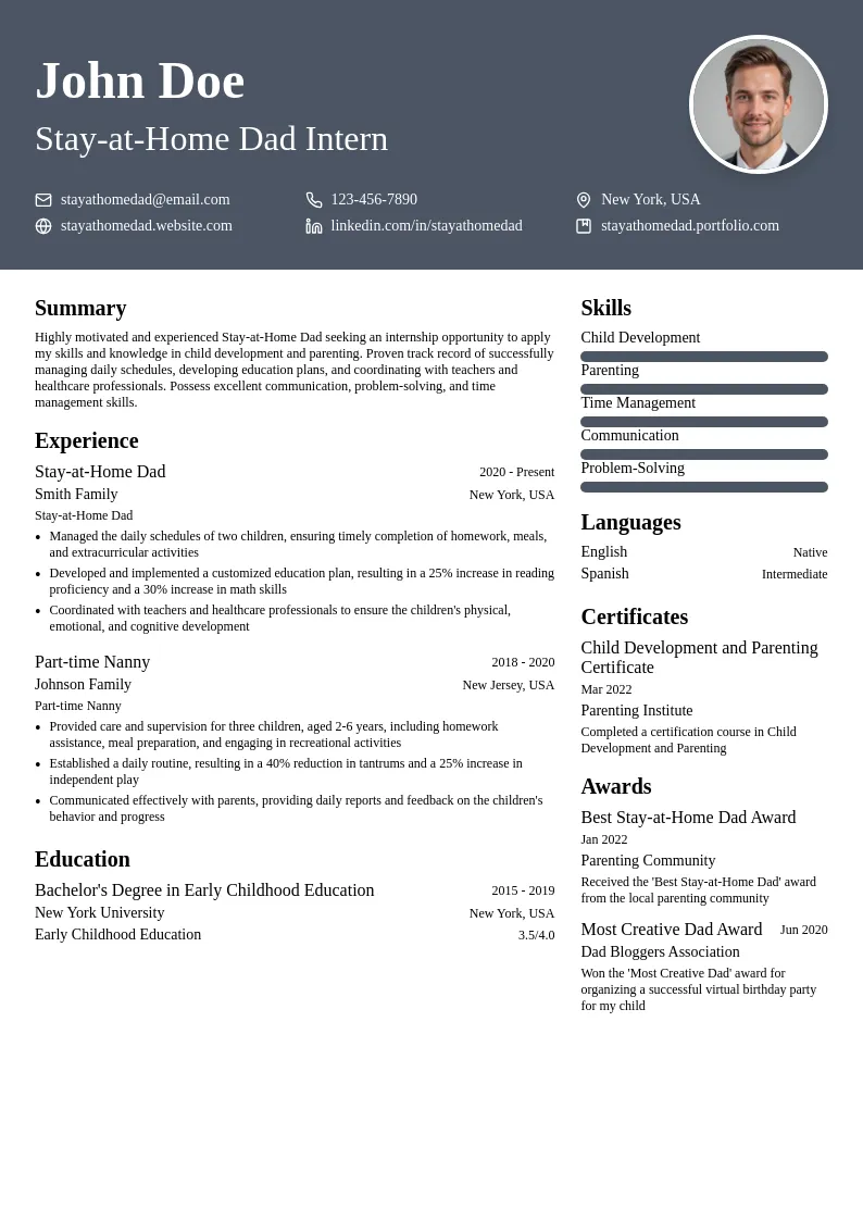 Stay-at-Home Dad Intern resume example
