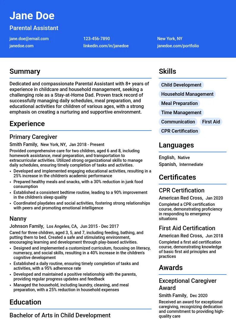 Parental Assistant resume example