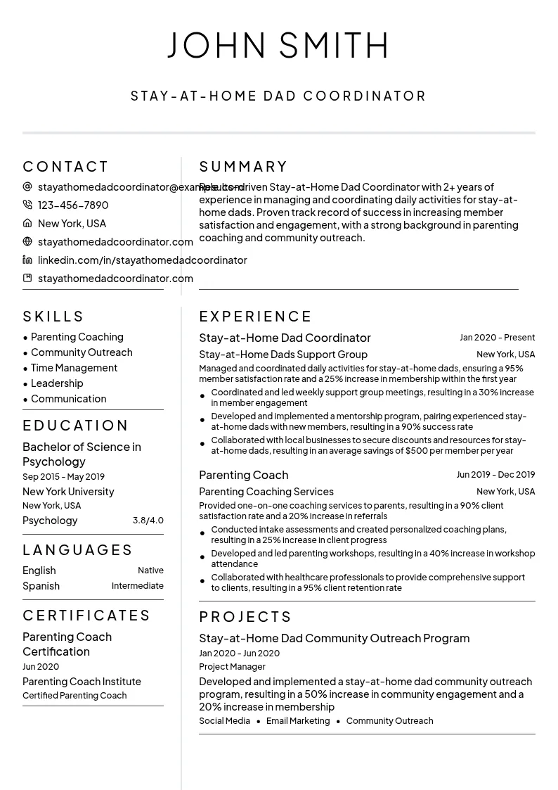 Stay-at-Home Dad Coordinator resume example
