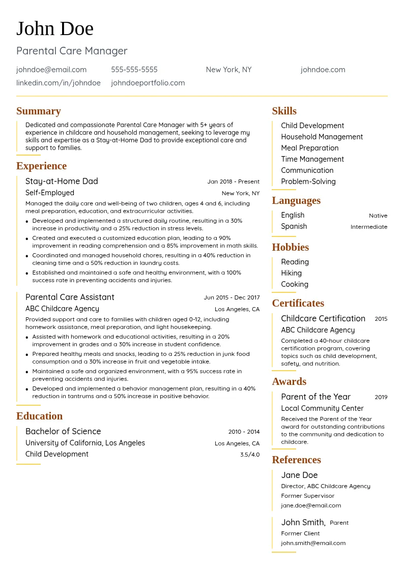 Parental Care Manager resume example