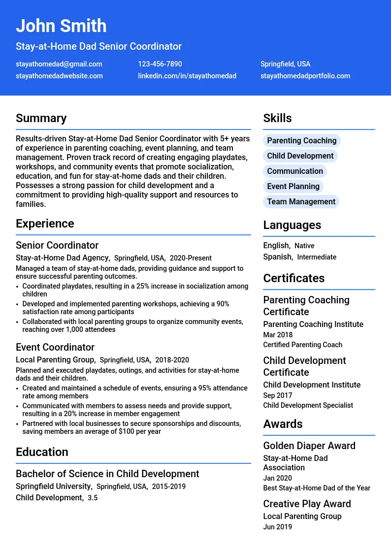 Stay-at-Home Dad Senior Coordinator resume example