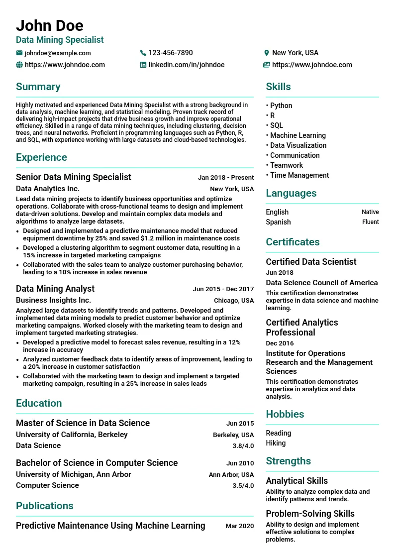Data Mining Specialist resume example