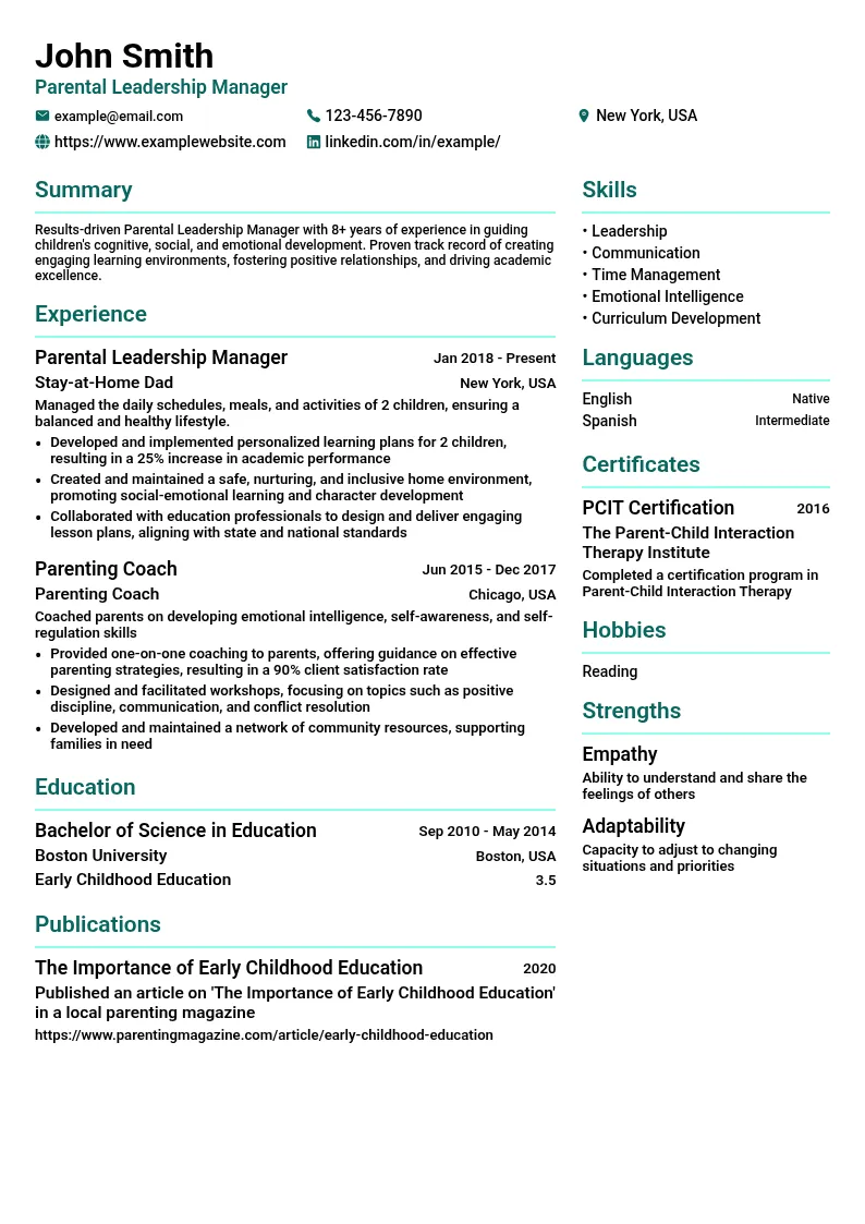 Parental Leadership Manager resume example