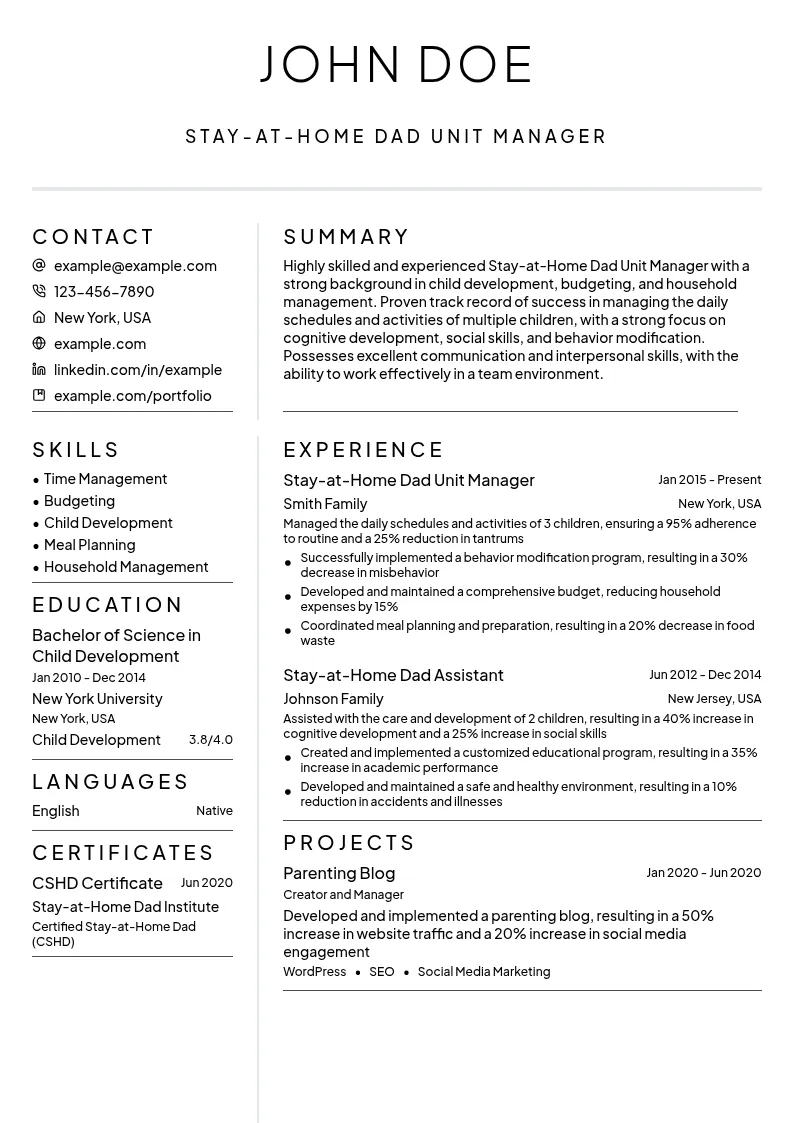 Stay-at-Home Dad Unit Manager resume example