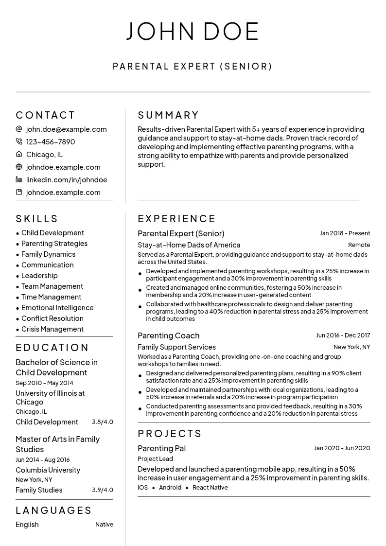Parental Expert (Senior) resume example