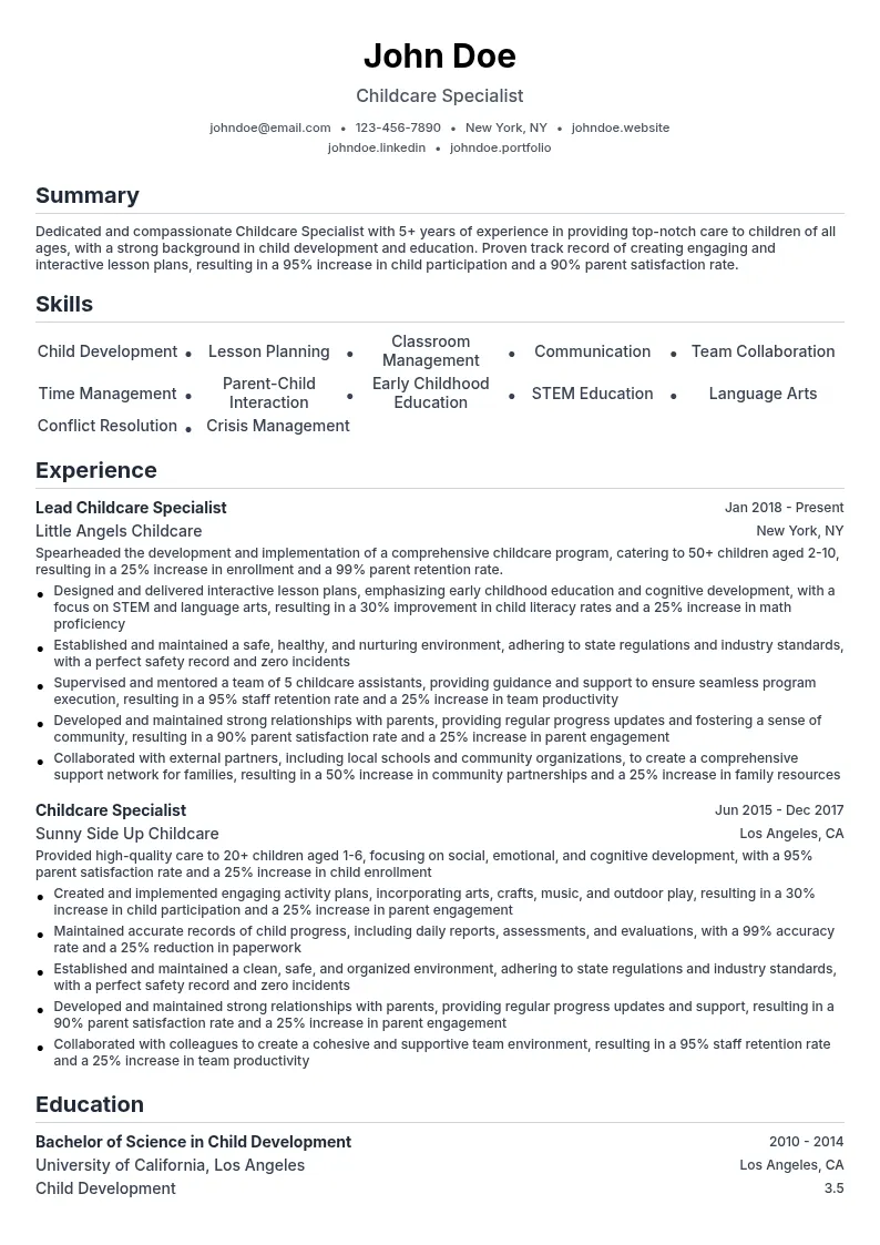 Childcare Specialist resume example