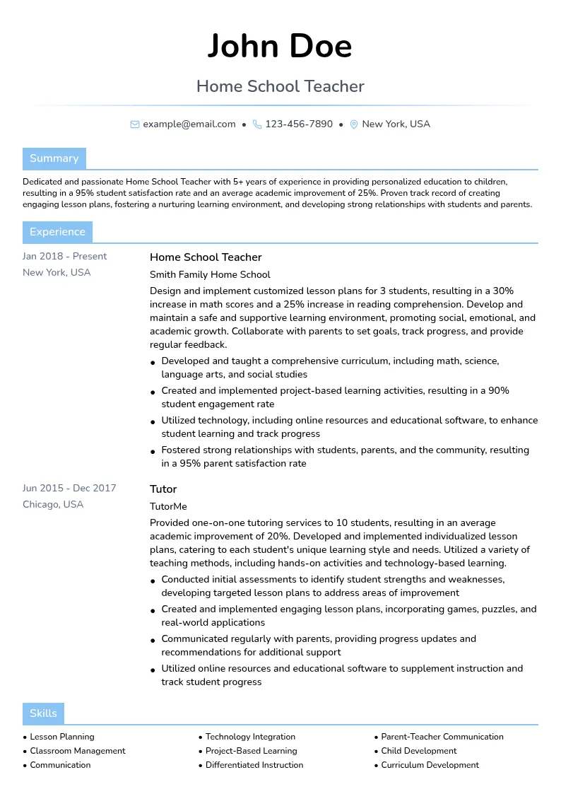 Home School Teacher resume example