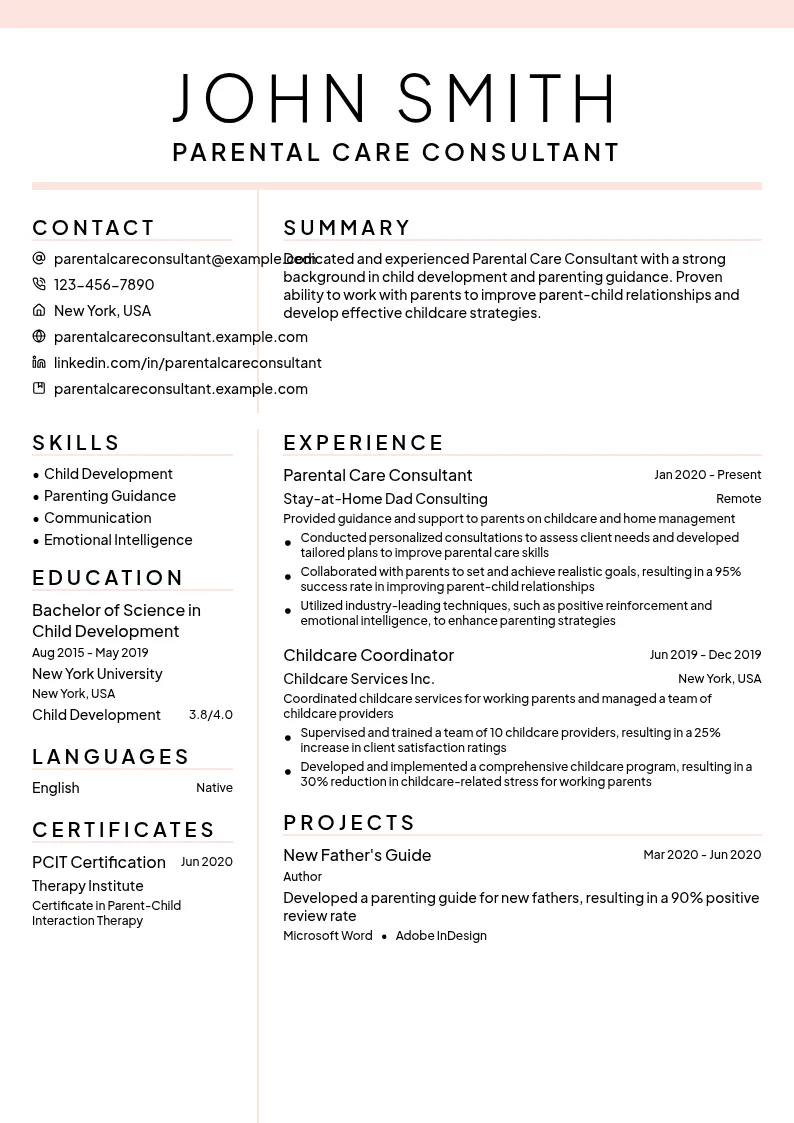 Parental Care Consultant resume example