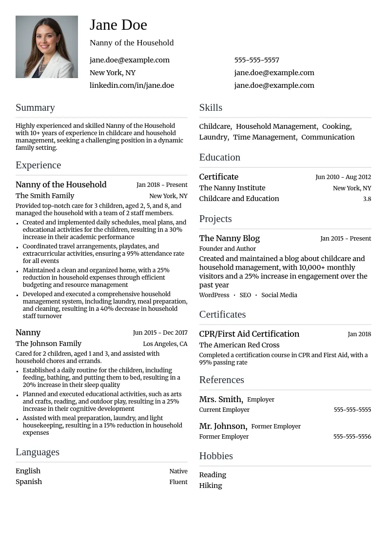 Nanny of the Household resume example