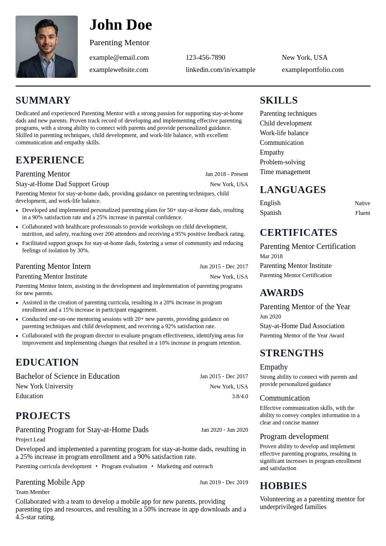 Parenting Mentor resume example