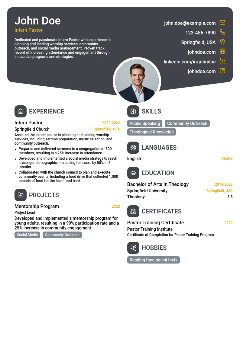 Intern Pastor resume example