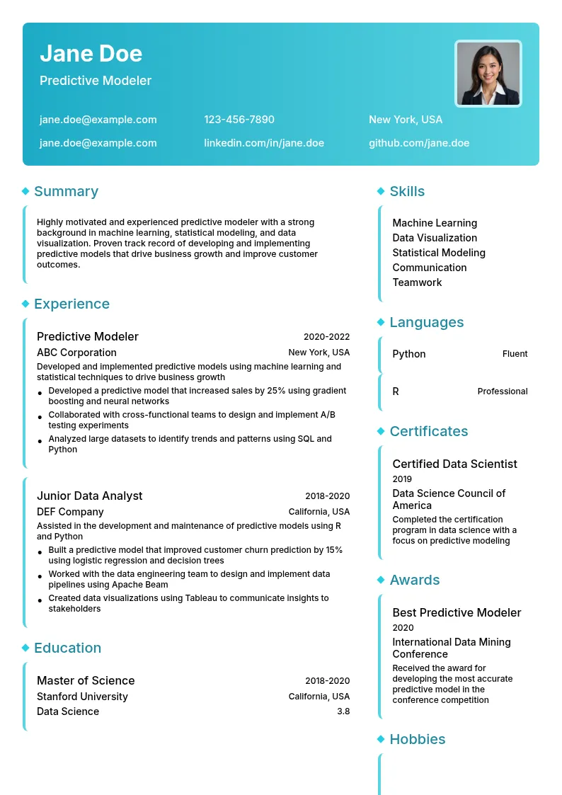 Predictive Modeler resume example