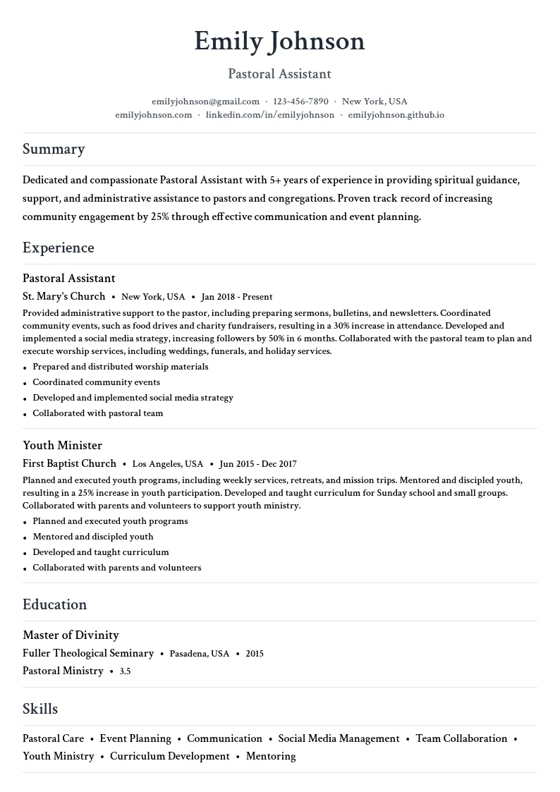 Pastoral Assistant resume example