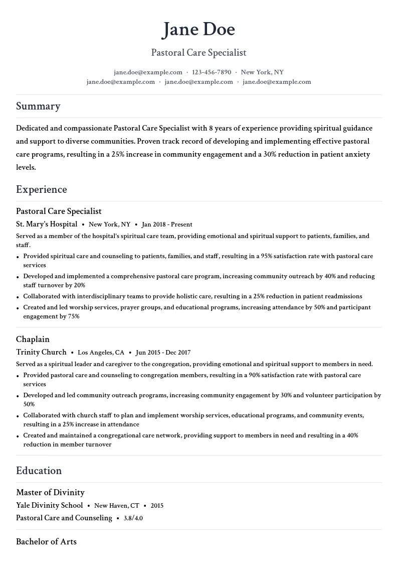 Pastoral Care Specialist resume example