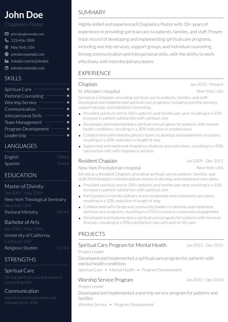 Chaplaincy Pastor resume example