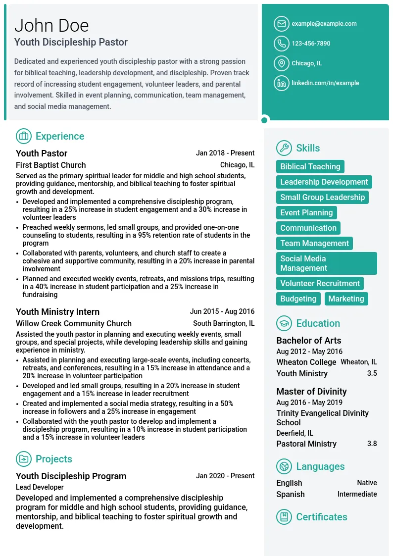 Youth Discipleship Pastor resume example