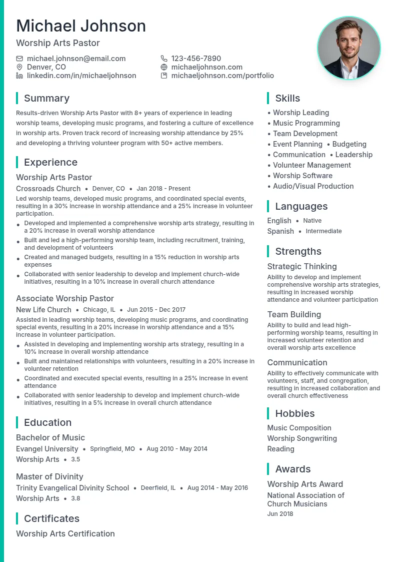 Worship Arts Pastor resume example