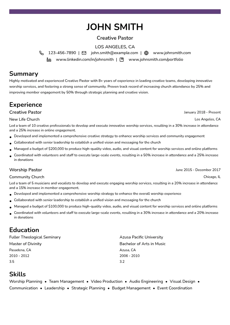 Creative Pastor resume example