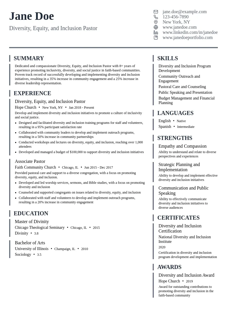 Diversity, Equity, and Inclusion Pastor resume example