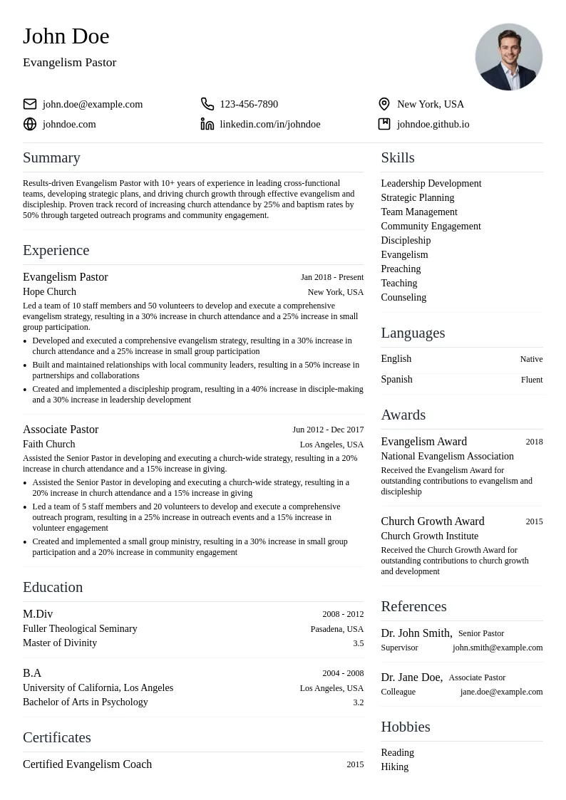 Evangelism Pastor resume example