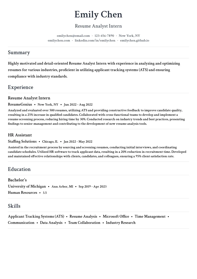 Resume Analyst Intern resume example