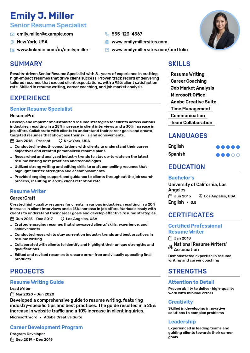 Senior Resume Specialist resume example